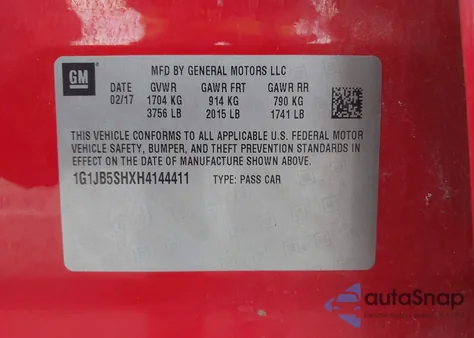 2017 Chevrolet Sonic Ls Auto z USA, uszkodzony, nr VIN 1G1JB5SHXH4144411